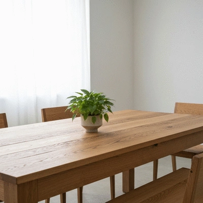 Sustainable reclaimed wood dining table in a minimalist interior setting