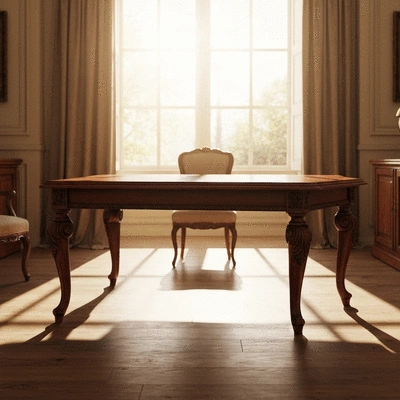 Traditional solid oak dining table with ornate carvings in a warm home setting