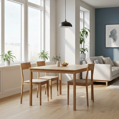 Modern minimal 4-seater dining table in a bright apartment