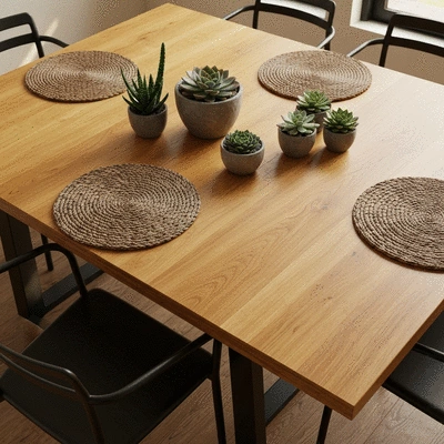 Rustic modern dining table with warm wood and sleek metal chairs