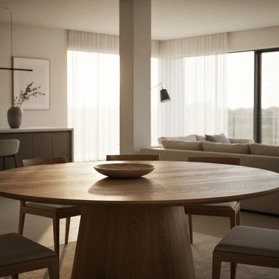 Modern open concept living room with a round wooden dining table as a focal point