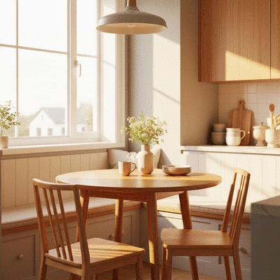 Compact round wooden dining table in a cozy kitchen nook