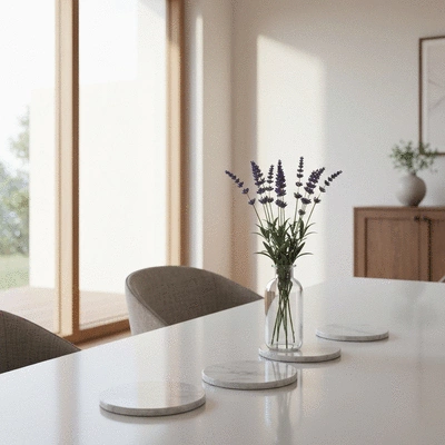 Modern minimal dining room setting with a clean table and elegant coasters