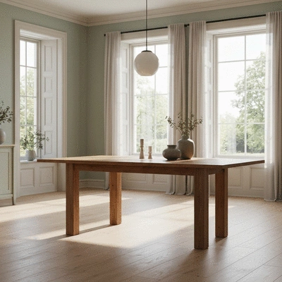Modern rectangular wooden dining table in a spacious sunlit room