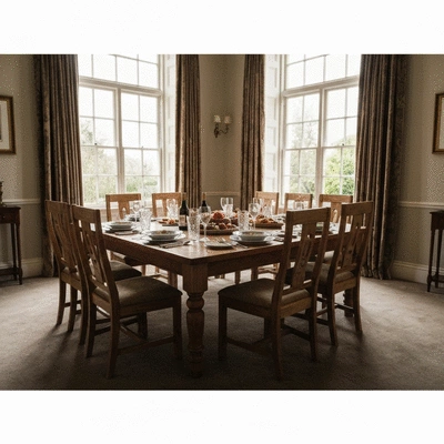 Large elegant 10-seater wooden dining table set for a family feast in a bright modern room