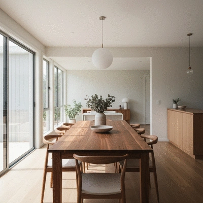 Modern minimalist dining room with a large solid wood table and designer chairs