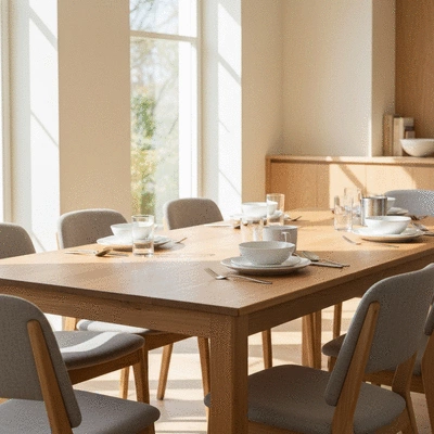 Modern wooden 6 seater dining table set in a bright dining room