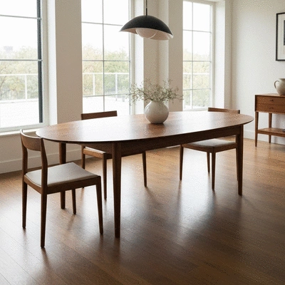 Modern oval wooden dining table in a bright minimalist room