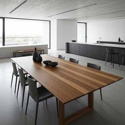 Large rectangular oak dining table in a bright minimalist open plan home