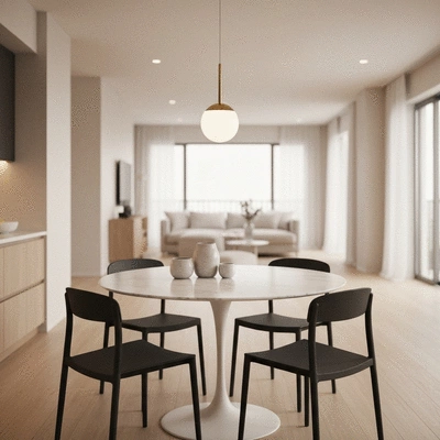 Elegant round marble dining table with four minimalist chairs in a bright modern apartment
