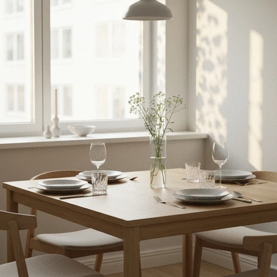 Modern square wooden dining table in a sunlit apartment corner with four chairs