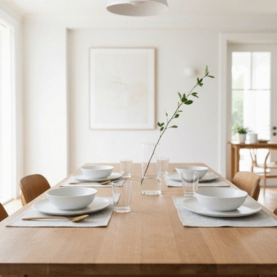 Modern minimalist dining table with neutral linens and white dishware