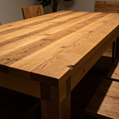 Handcrafted rustic dining table with natural wood grain texture