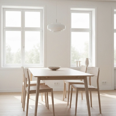 Minimalist Scandinavian dining room with a wooden table and chairs