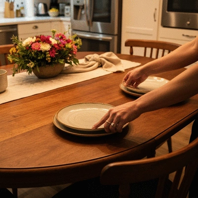 Close up of a family gathering around an oval dining table with dinner plates