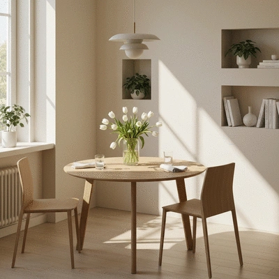Modern minimalist round wooden dining table in a sunlit apartment corner