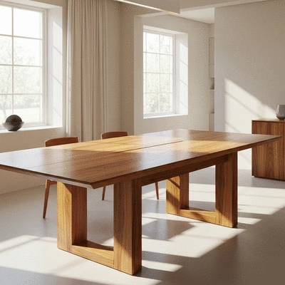 Modern wooden extendable dining table in a bright minimalist room