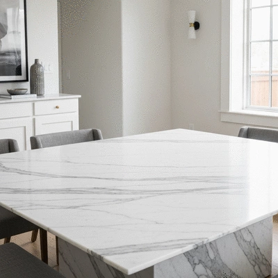 Luxury white marble dining table with modern chairs in a bright room